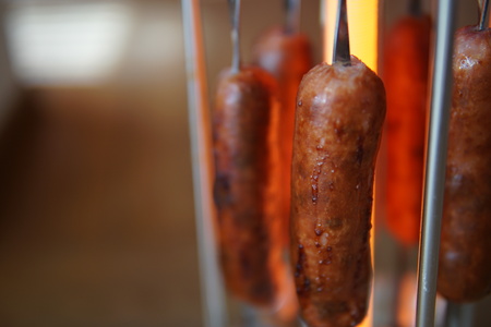 Just grilled and still hot sausages appetizing closeupの写真素材