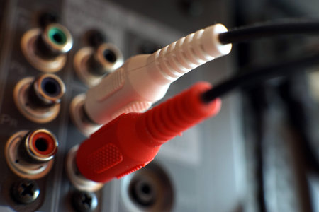 Back Panel of a plasma TV with connectors closeup photoの写真素材