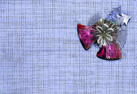 Christmas composition. Christmas red decorations, fir tree branches on blue background. Flat lay, top view, copy spaceの写真素材