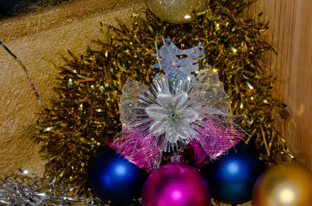 merry christmas tree festival celebration decorative buntings , bells, star, balls for decoration on tree shootの写真素材