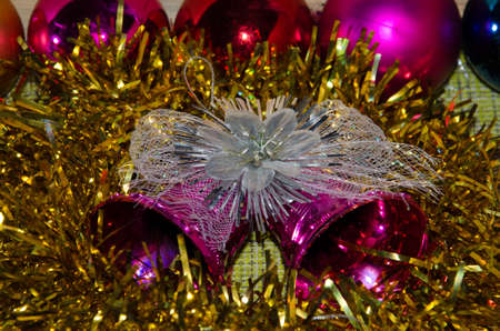 merry christmas tree festival celebration decorative buntings , bells, star, balls for decoration on tree shootの写真素材