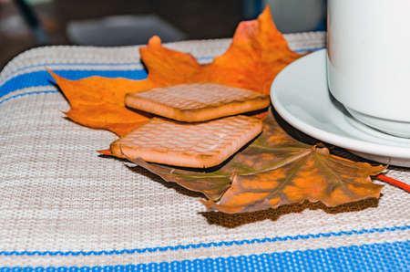 side view of a cup of coffee and cookies hot coffeの写真素材