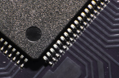 Close-up printed circuit board with electronics components. Macro photography for electric...