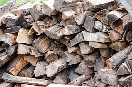 Preparation of firewood for the winter. firewood background, Stacks of firewood in the forest. Pile...