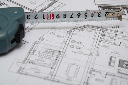 Architectural project, ruler and pencil. Construction background.の写真素材