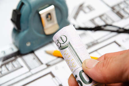 Architectural project, ruler and pencil. Construction background.の写真素材