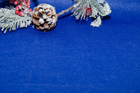 Christmas decoration on blue background. letter for Santa Claus, top view and space for text