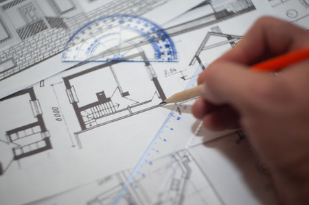 Interior designer drawing pencil illustration of a living room. Interior design projects conceptの写真素材