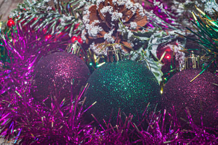 Christmas ball on the branches fir. Cristmas tree decoration, background.の写真素材
