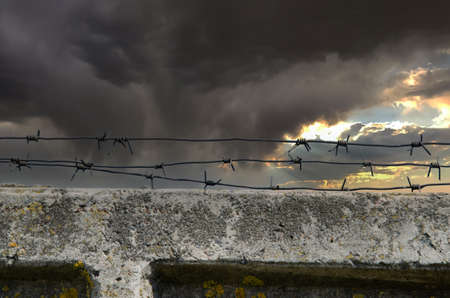 Barbed wire on dark fence. Monochrome silhouette photoの写真素材