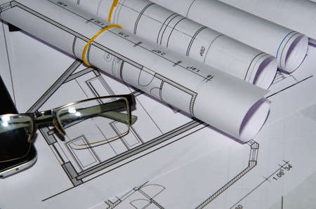 Architectural project, house and glasses sketch, project.の写真素材