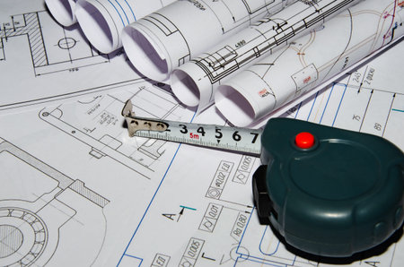 Architectural design, drawings, rolls of drawings on the table. roulette.
