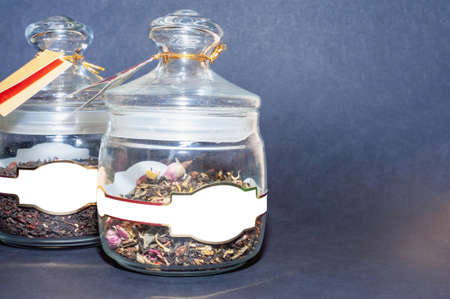 tea glass jar Isolated on black background.の写真素材