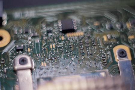 Electronic circuit blur Electronic circuit board close up. in the dust