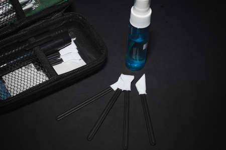 Professional cleaning products for mirrorless and mirrorless cameras and camcorders on a black background.の写真素材