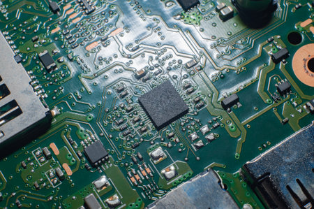 electronic circuit. Electronic printed circuit board. Part of the motherboard of a desktop computer, laptop, radio elements.の写真素材