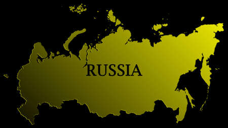 Golden map of Russia. Map of Russia is isolated on a black background. Golden particles texture based on solid yellow map of Russia.の写真素材