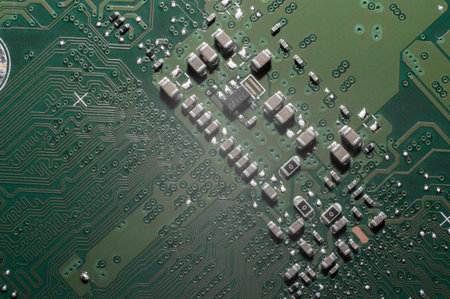 electronic circuit. Electronic printed circuit board. Part of the motherboard of a desktop computer,...