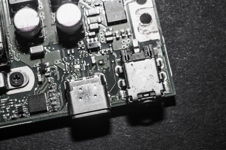 electronic circuit. Electronic printed circuit board. Part of the motherboard of a desktop computer, laptop, radio elements.の写真素材