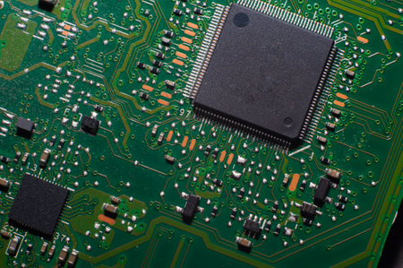 electronic circuit. Electronic printed circuit board. Part of the motherboard of a desktop computer, laptop, radio elements.の写真素材