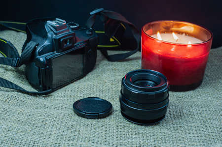 Professional Photography Equipment. Professional Photographer Work Kit. Photo Lensesの写真素材
