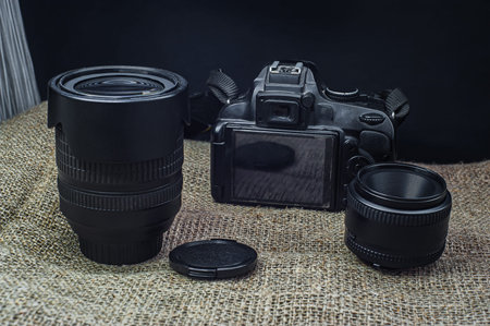 Professional Photography Equipment. Professional Photographer Work Kit. Photo Lensesの写真素材