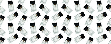 Seamless pattern of liquid oil serum bottle isolated on white background. Retinol, aha, bha acid, collagen skincare fluid in glass vial. Gel essence in dropper for beauty treatment, cosmetic backdrop.の写真素材