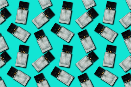 Seamless pattern of liquid oil serum bottle isolated on light green background. Retinol, aha, bha acid, collagen skincare fluid in glass vial. Gel essence in dropper for beauty treatment, cosmetic backdrop.の写真素材