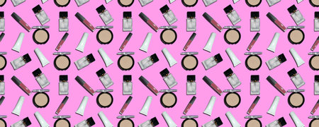 flat lay of cream tubes with hand cream, mascara bottle with oil, cosmetic glass bottles, cosmetic dispensers and jars on pink.の写真素材