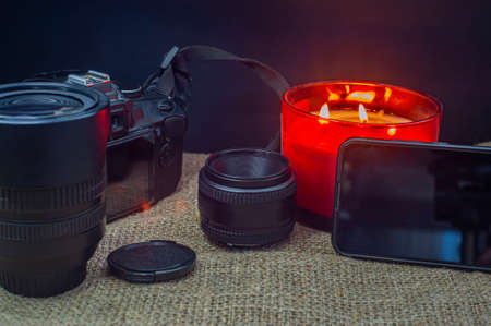 Professional Photography Equipment. Professional Photographer Work Kit. Photo Lensesの写真素材