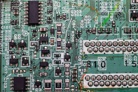 electronic circuit. Electronic printed circuit board. Part of the motherboard of a desktop computer, laptop, radio elements.の写真素材