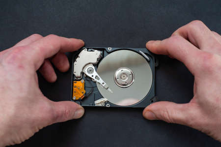 Close up of an open computer hard drive.の写真素材