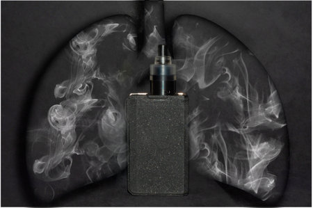 electronic cigarette on a dark background with a silhouette of lungs filled with steam or smoke.の写真素材