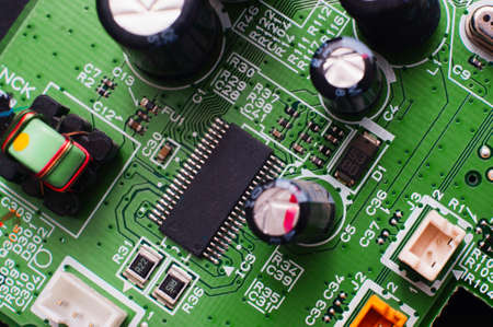 electronic circuit. Electronic printed circuit board. Part of the motherboard of a desktop computer, laptop, radio elements.の写真素材
