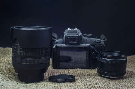 Professional Photography Equipment. Professional Photographer Work Kit. Photo Lensesの写真素材