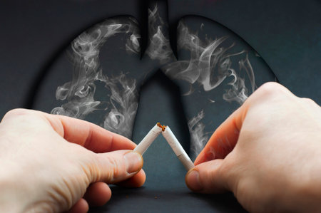 Man holding broken cigarette in hand. Stop smoking. Cigarette, nicotine damage, lungs ruined by smoke. World No Tobacco Day.の写真素材