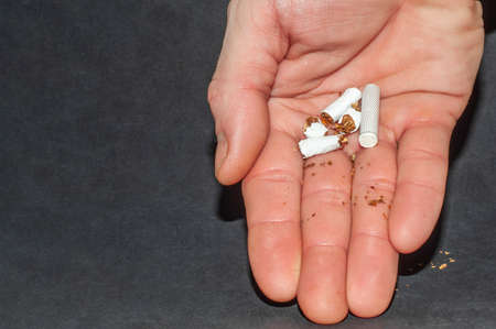 Broken pile of cigarettes in a woman's hand. Quit smoking.の写真素材