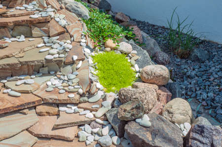 construction of big round garden Alpine slide with stones and dwarf conifers and circularの写真素材