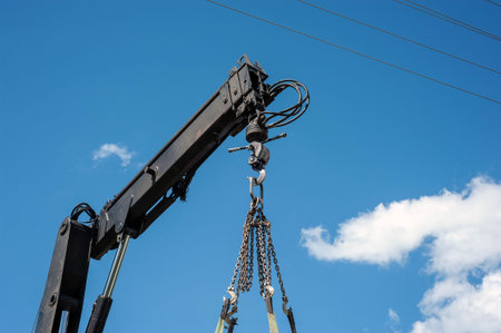 Unloading paving slabs from a truck. Men unload paving slabs using a manipulator.