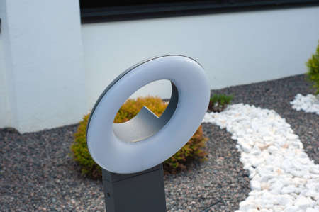 Outdoor lamp on yard lawn for garden lighting in summer parkの写真素材