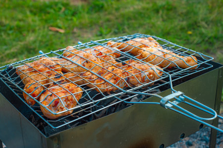 Chicken legs and wings are fried on coals in a brazier in a barbecue grill, marinated chicken is fried on a picnic.の写真素材