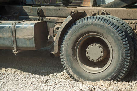 Alloy car wheel rim with break and tire close up view.の写真素材