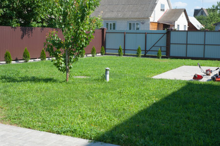 This beautiful backyard woodland garden features a maintenance free lawn made of realistic looking artificial grass, a huge landscaping trend for small spacesの写真素材