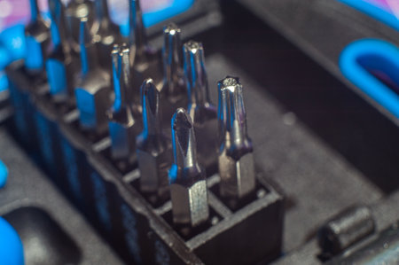 Close up screwdriver with five edges. A set of small screwdrivers. A nozzle on a small screwdriver. horizontal imageの写真素材