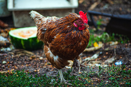 flock of chickens grazing on the grass.の写真素材
