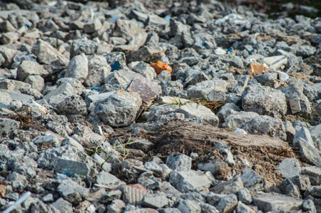 House debris at a construction site. Concrete and brick debrisの写真素材
