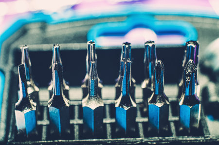 Close up screwdriver with five edges. A set of small screwdrivers. A nozzle on a small screwdriver. horizontal imageの写真素材