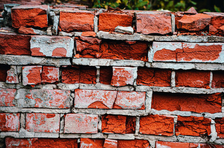 old red and yellow bricks on the wall texture with pieces of plaster and paint.の写真素材