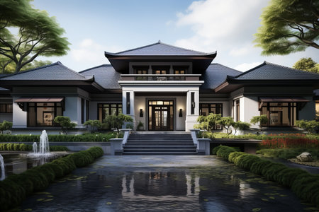 Elegant One-Story House with Serene Landscaped Surroundings in Desirable Residential Areaの素材