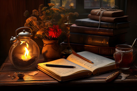 Warm and Cozy Morning Table with Decorative Letters, Rolled-Up Ribbons, and Heart Embellishmentsの素材